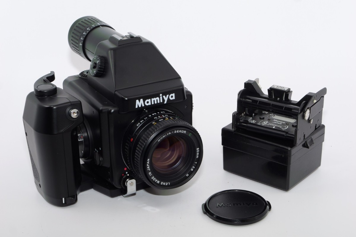 Mamiya 645E 6x4.5cm SLR film camera, 80mm f2.8 N lens. Grip. (2