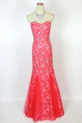 NWT Riva $500 Mermaid Long Dress Godets Lace Prom Formal Gown Size 4  Watermelon | eBay