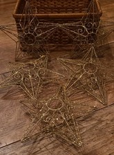 Gold Glitter Wire STAR Christmas Ornaments 3D Metal Vintage Set Of 5 