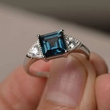 London Blue Topaz Ring Wedding Ring Square Cut Blue Gemstone Sterling Silver