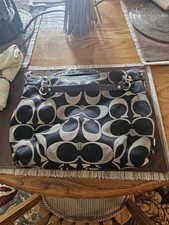 Coach Carly Black Beige Logo Shoulder Bag with Double Handles and Zip Closure