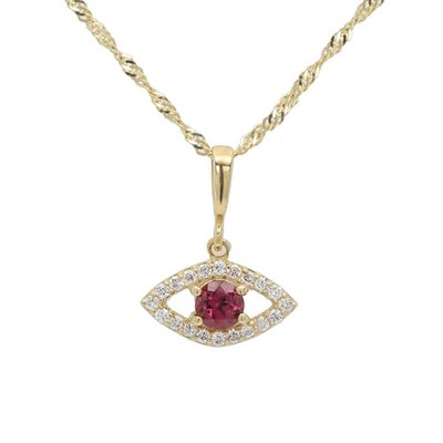 14k Mini Evil Eye roter Rhodolith und Diamanten massiv Gelbgold komplett Naturstein