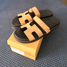 Steve Madden Men Leather Slide Sandals Tan/Black Logo Straps Slip-On Sz 9