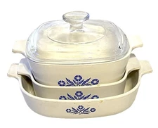 VTG 1960s Corning Ware Lot 3 Cornflower Casserole Dishes 2 1Qt And 1 3/4Qt 1 Lid