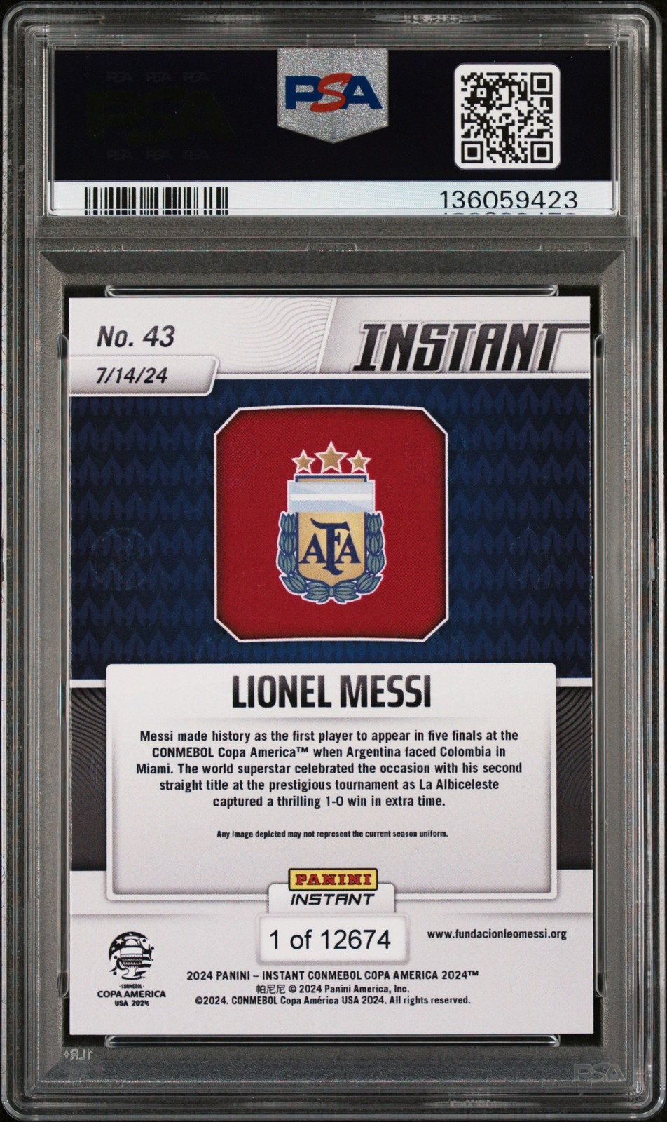 2024 PANINI INSTANT CONMEBOL COPA AMERICA 2024 #43 LIONEL MESSI PSA 10 view 2