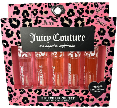 Juicy Couture Lip Oil Set 5 Piece Pink Leopard Hyaluronic Acid New