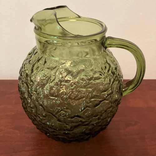 Vtg Anchor Hocking Lido Milano Avocado Glass Crinkle Ball Pitcher Ice Lip MCM