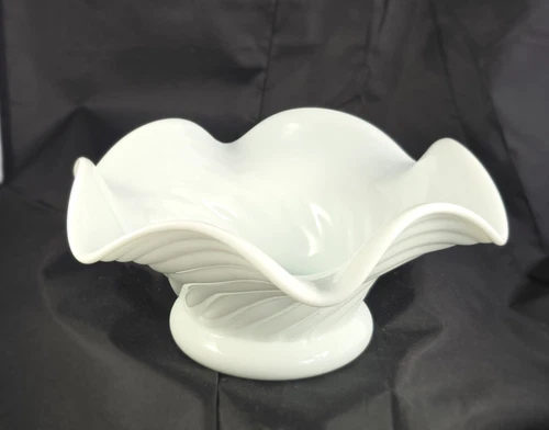 Vintage Milk Glass Footed Fluted White Pressed Glass Ribbed Dish 3.5" H x 7" W