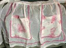 Vintage 1960 s White Sheer Organza Chiffon Hostess Half Apron Pink Roses Ric Rac