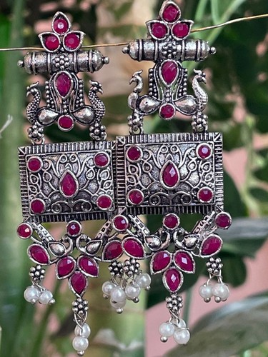 German Silver Bollywood Fancy Earrings Peacock Design Traditionally Jewelry - Picture 2 of 6