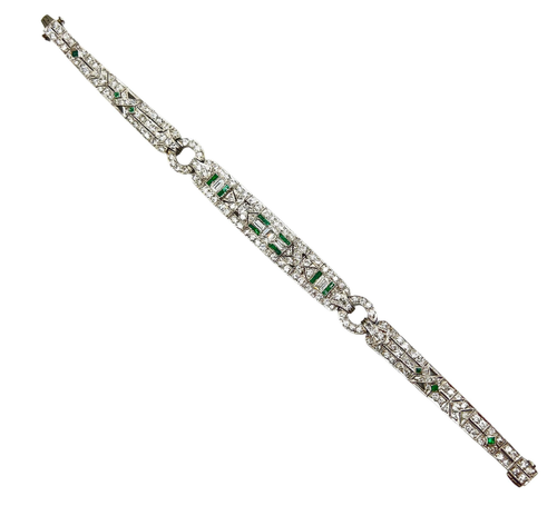 Old European Cut Lab-Created Diamonds & Green Emeralds Art Deco Tennis Bracelets - Picture 2 of 7
