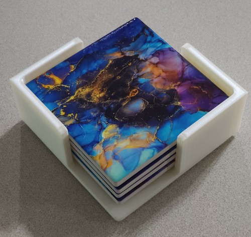 Ceramic Coaster Set M019 of 4 with Cork Pads, Holder & Printed MARBLE Pattern - Picture 3 of 7