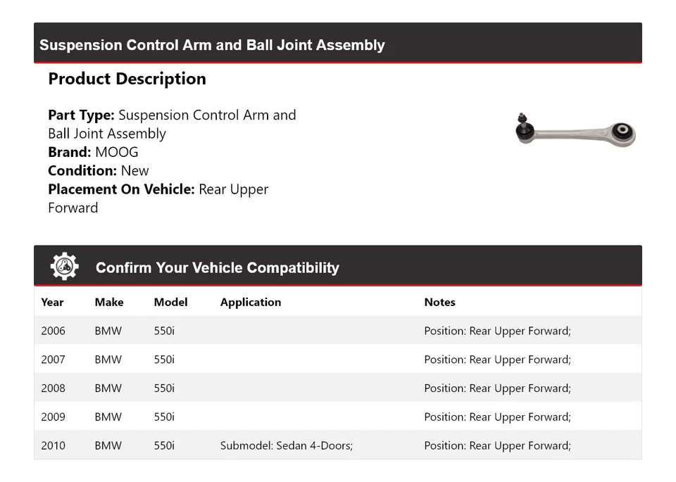Комплект шаровых шарниров рычага управления для 2006-2010 BMW 550i задний верхний передний MOOG - Изображение 2 из 4
