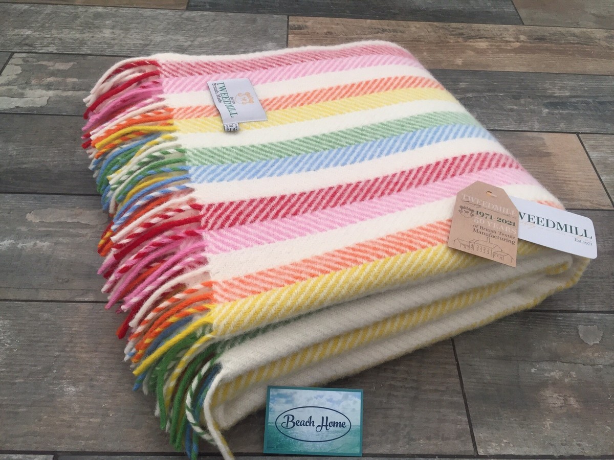 TWEEDMILL TEXTILES RAINBOW YELLOW BLUE RED PINK STRIPE WOOL THROW