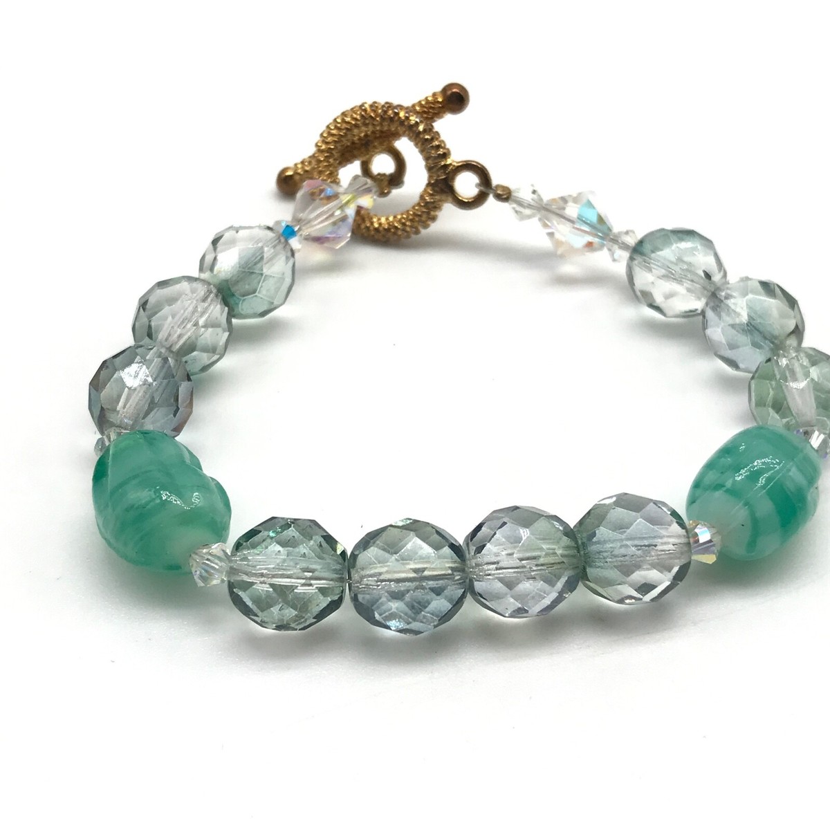 Vintage Green Faceted Crystal Glass Beaded Toggle Bracelet 7