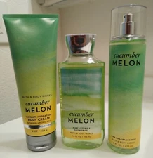 Bath and Body Works Cucumber Melon Set of Full Size Body Mist/Cream & Gel 