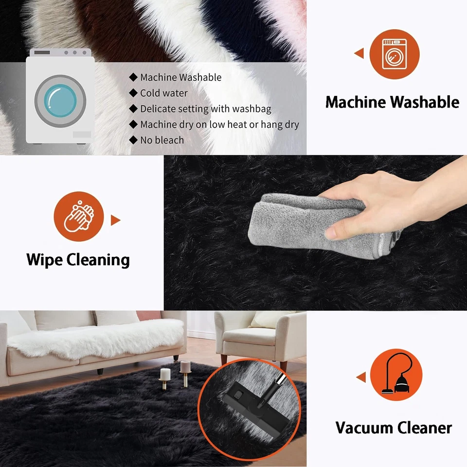 Alfombra mullida negra alfombra de piel de oveja de piel sintética peluda difusa para sala de estar dormitorio Foto 4 de 4