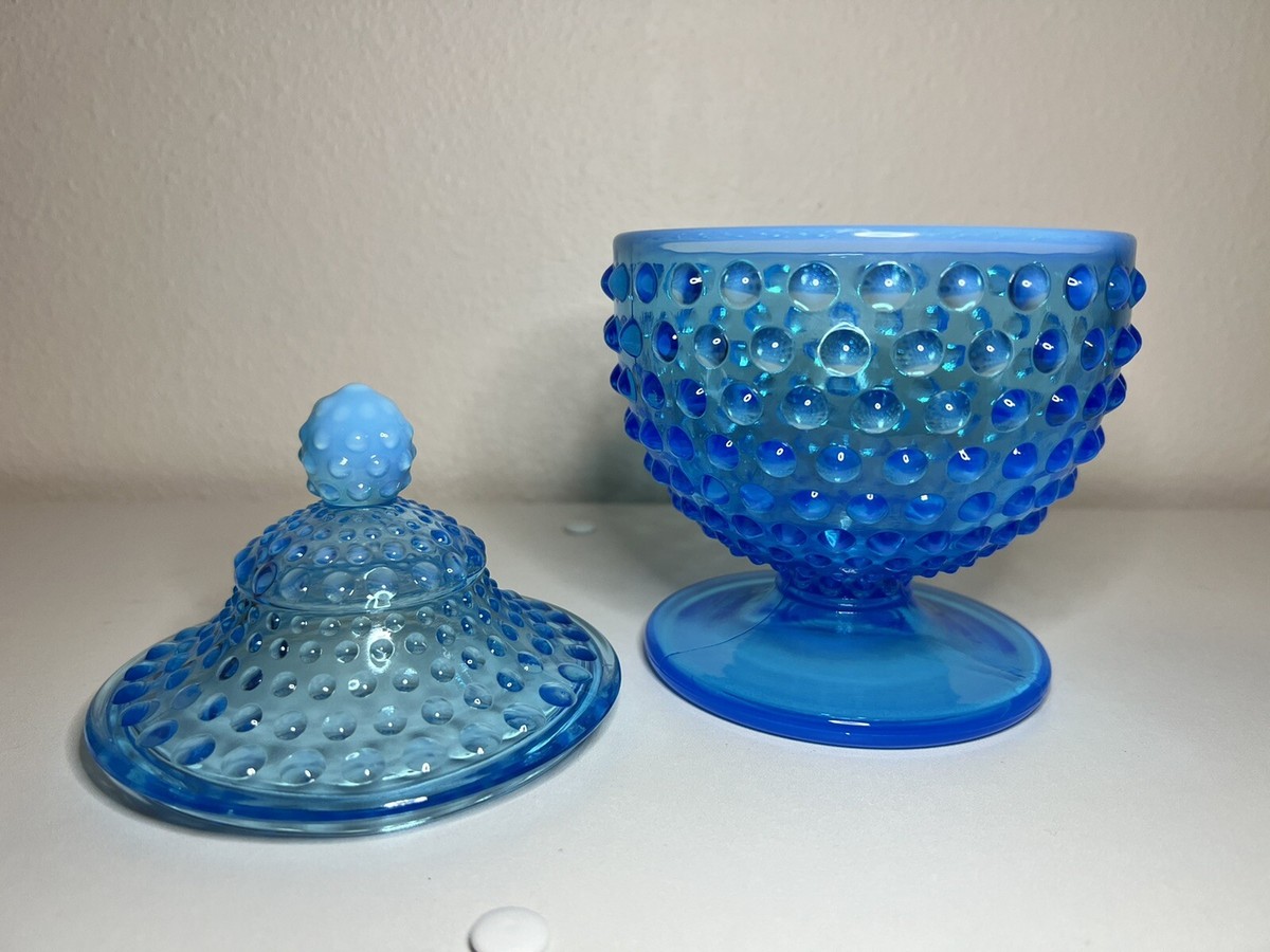 フェントン オパールセント キャンデイディッシュ Fenton Glass Topaz Vaseline Opalescent Hobnail Covered Candy