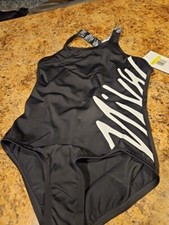 New Nike Swim Girls' Script Logo One Piece Black Small