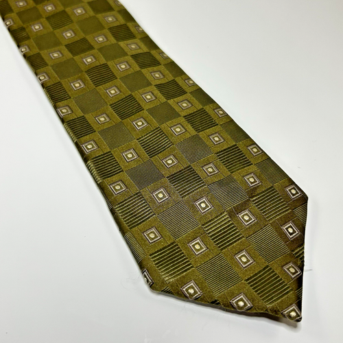 Meeting Street 100% Silk Neck Tie Geometric Squares Lines Olive Green 3.5" x 61"