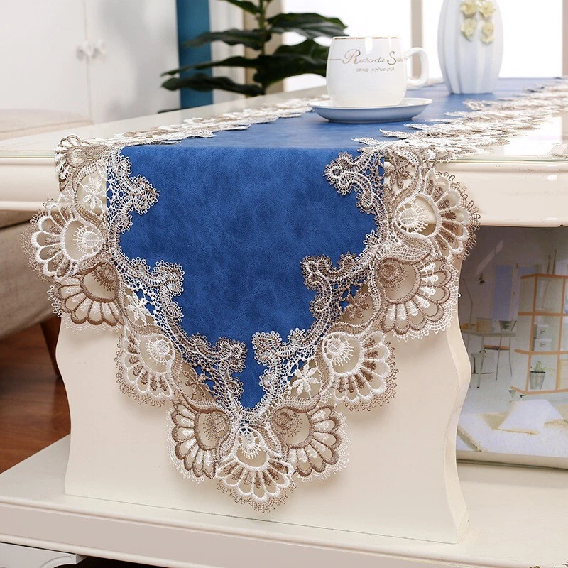 Table Cover Faux Leather Table Runner Lace Trim Wedding Party Home Banquet Decor - Image 2 of 4