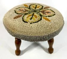 Vintage 13" Round Tufted Yarn 1960s Retro Leaf Floral Footstool Sewing Stool