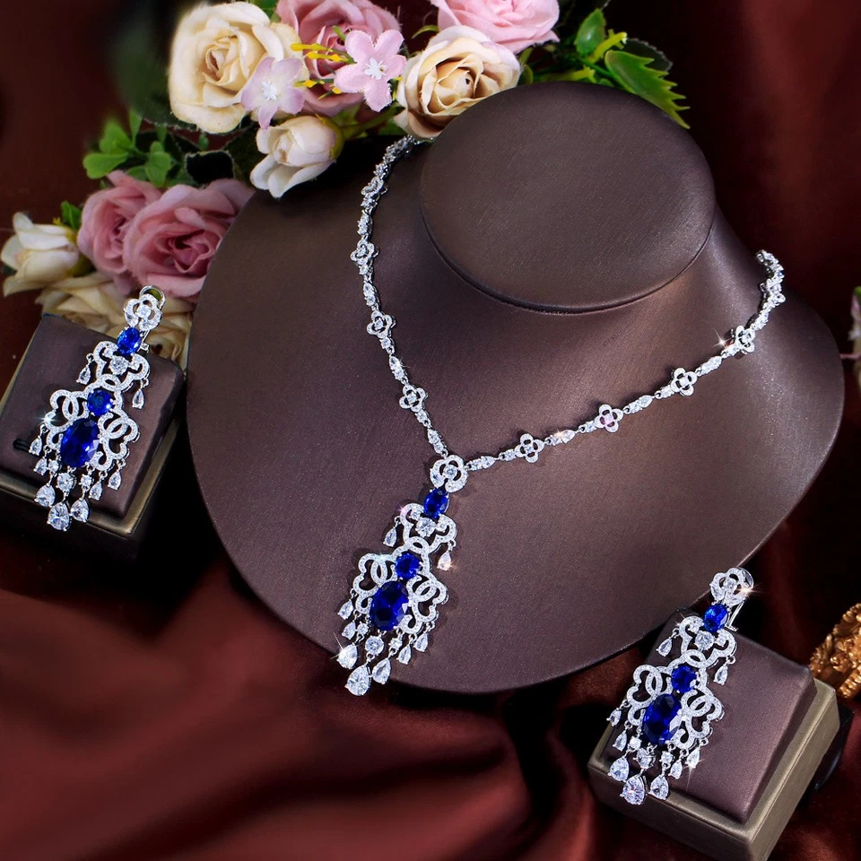 Statement CZ Long Chandelier Blue Dangle Drop Earrings Necklace Jewelry Set