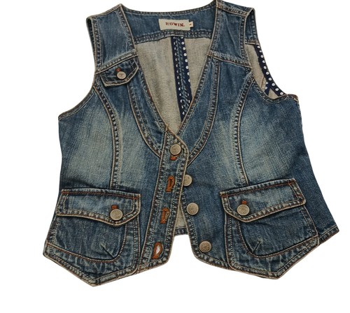 Edwin, Edwin Denim Vest Womens M Blue Button Front Jean Pockets Polka Dot Trim Casual