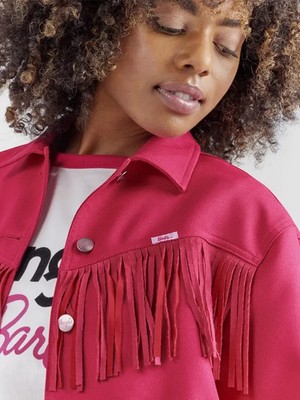 Wrangler x Barbie Womens Fringe Wrancher Leather Jacket, Pink