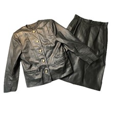 Vintage 90s womens black J.F.S. Signature Leather midi skirt suit size S/6 Mint