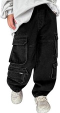Boys Baggy Cargo Jeans, Elastic Waist Wide Leg Y2k Hip Hop Denim
