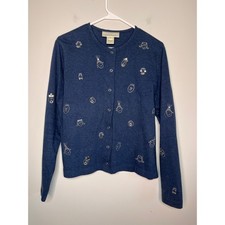 2000s Y2K Susan Bristol Faces Art To Wear Metal Art Whimsical Kidcore Cardigan M