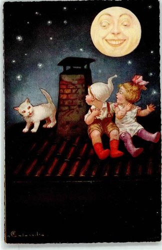 51894169 - Katze Dach Kinder sign. Colombo Himmelskoerper 1928