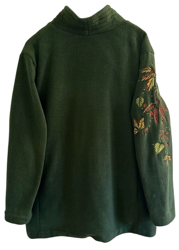 Bob Mackie XL Verde Otoño Hoja Bordada Botones Usable Arte Polar Chaqueta Foto 3 de 4
