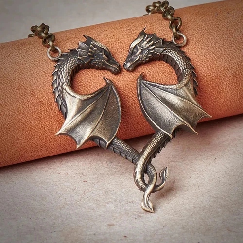 Vintage Style Bronze Double Dragon Demon Wings Heart Pendant Necklace Jewelry - Picture 1 of 7