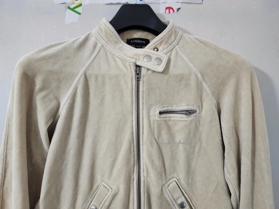 Chaqueta Bebe Mujer L Beige Moto Crop Cremallera Terciopelo Mezcla Algodón Bolsillo Y2K De Colección EE. UU. Foto 3 de 4