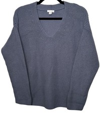J. Jill Pullover Sweater Sz L Blue Ribbed Knit Cotton-Blend V-Neck Long Sleeve