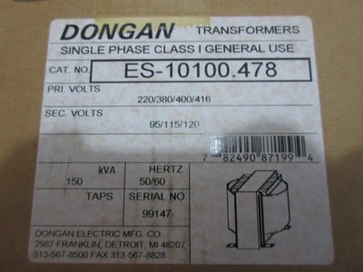 Dongan Transformer, ES-10100-478, Pri Volts 220/380/400/416, Sec Volts 95/115/12