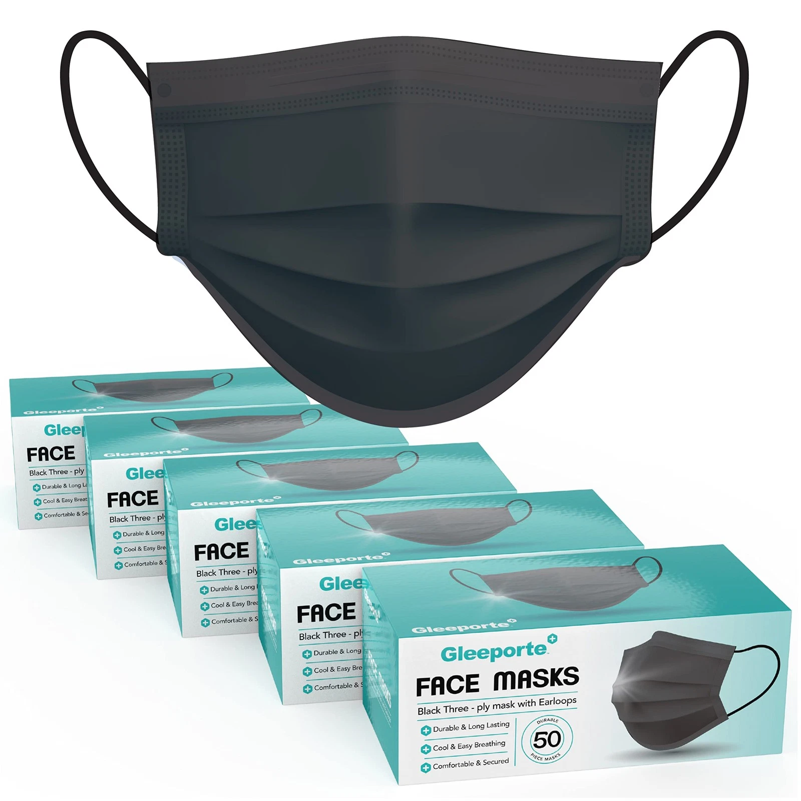 Pack Of 250 Black Disposable Face Mask, 3Ply Adult Masks, Facial Cover with E...