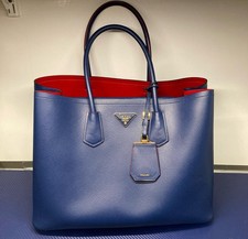 Prada Saffiano Cuir Double Bag Blue Red Interior Leather Tote Handbag