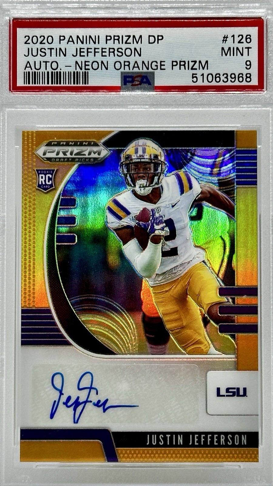 2020 Prizm DP Rookies Justin Jefferson #126 Neon Orange Prizm Autographs /149