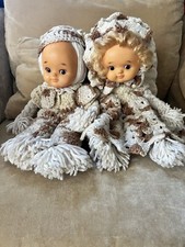 2 Vintage Play Baby Dolls Crochet Yarn Rubber Face Handmade Boy Girl Big Eye