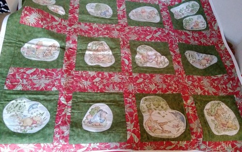 Baby Blanket Handmade Cotton Winnie the Pooh Patchwork 36 x 42 in. Red Green - Picture 2 of 12