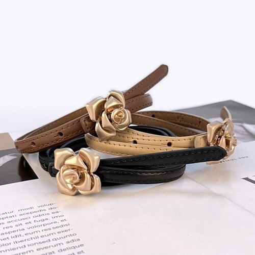 Genuine Leather Thin Belt Jeans Dress Waistband Strap Flower Buckle Adjustable - Picture 6 of 37