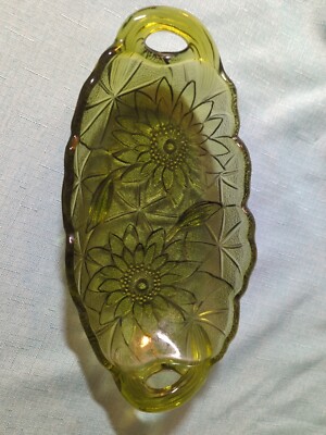 Vintage Lily Pons Green Indiana Glass Candy/Relish Dish With Marigolds