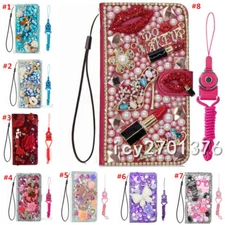 Bling diamonds Leather stand wallet cover & straps for iPhone Samsung Phone Case