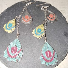 Vintage Dangle Earrings Metal Feathers