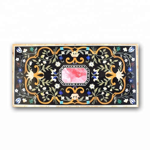 54" x 30" Black Marble Table Top semi precious stones inlay Pietra Dura Work - Picture 3 of 3