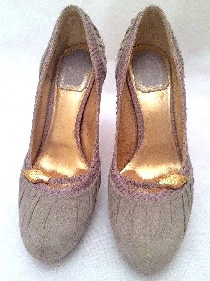 DIOR gris daim et peau de serpent boucle serpent dorée talons dorés (détail )
