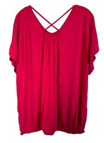 Women's Viscose Summer Blouse Butterfly Print Criss Cross Back Size XL Hot Pink - Picture 2 of 4